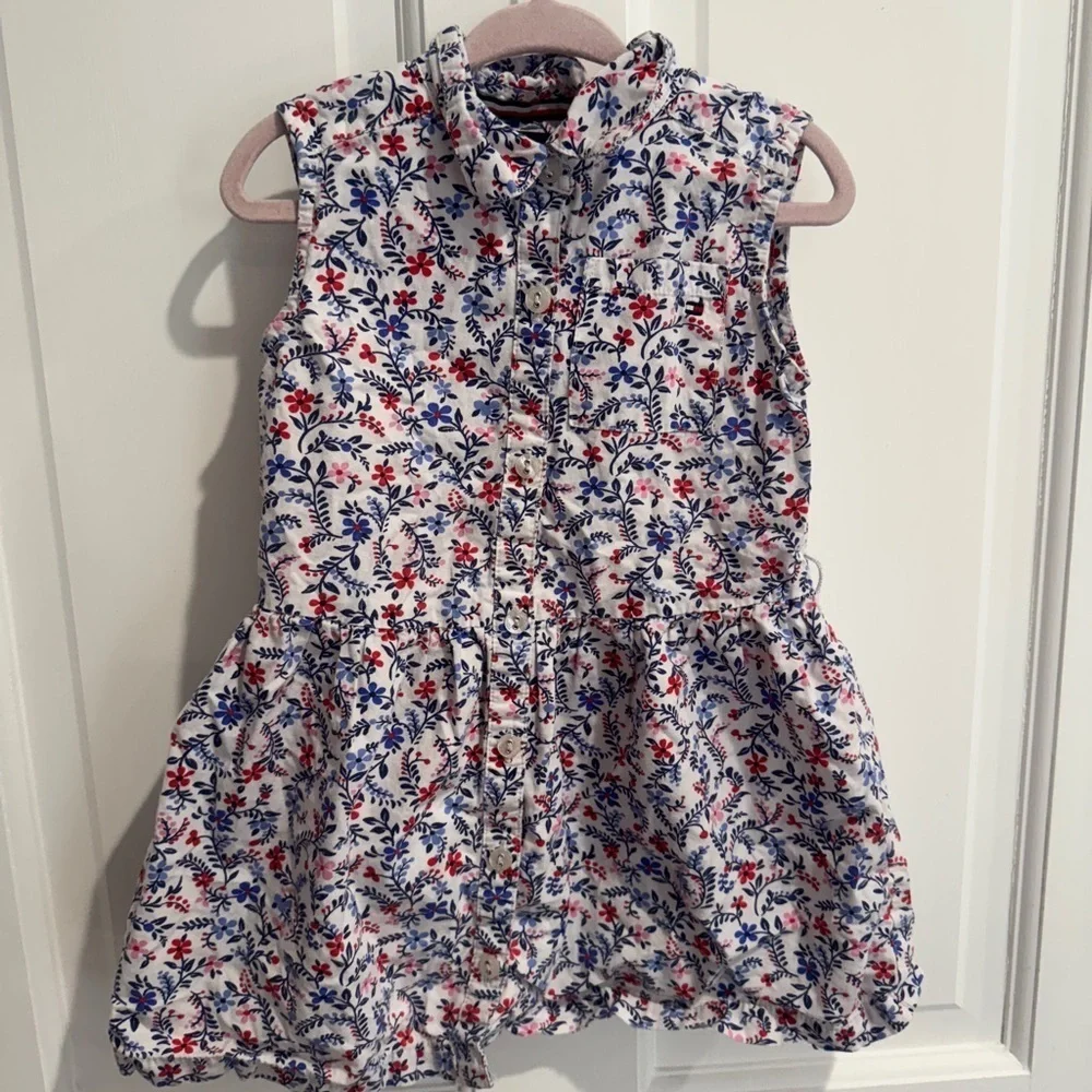 Tommy Hilfiger 3T Girls Red, White Blue Floral Sleeveless Collared Dress